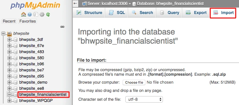 Choose a recently established database and hit the “Import” button